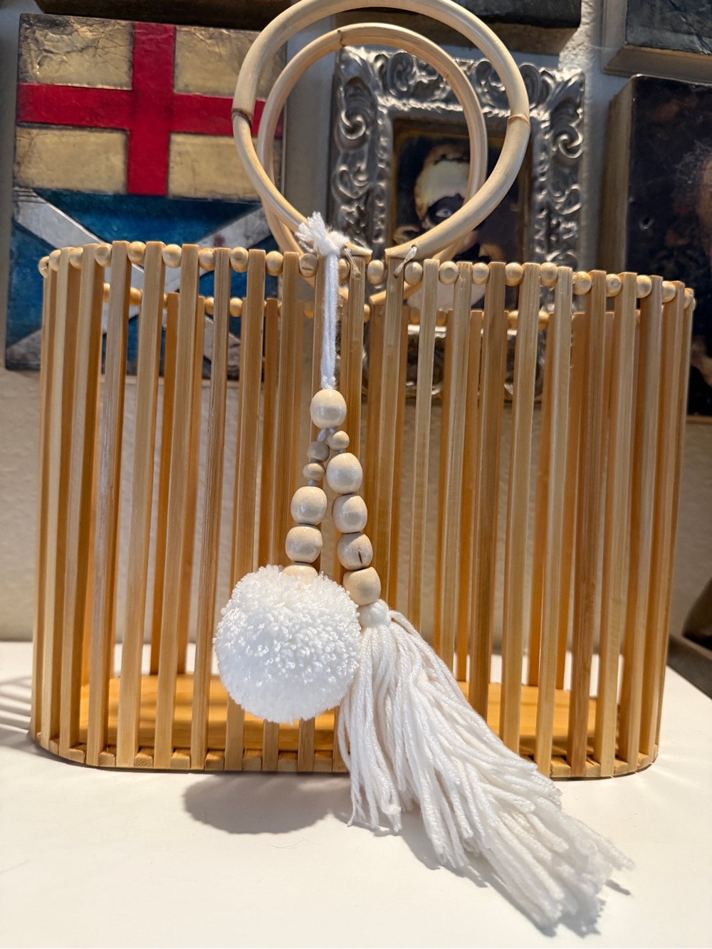 Bamboo Handbag with White Pom Pom Tassle  Boho‎ Straw Summer Beach Tote Purse